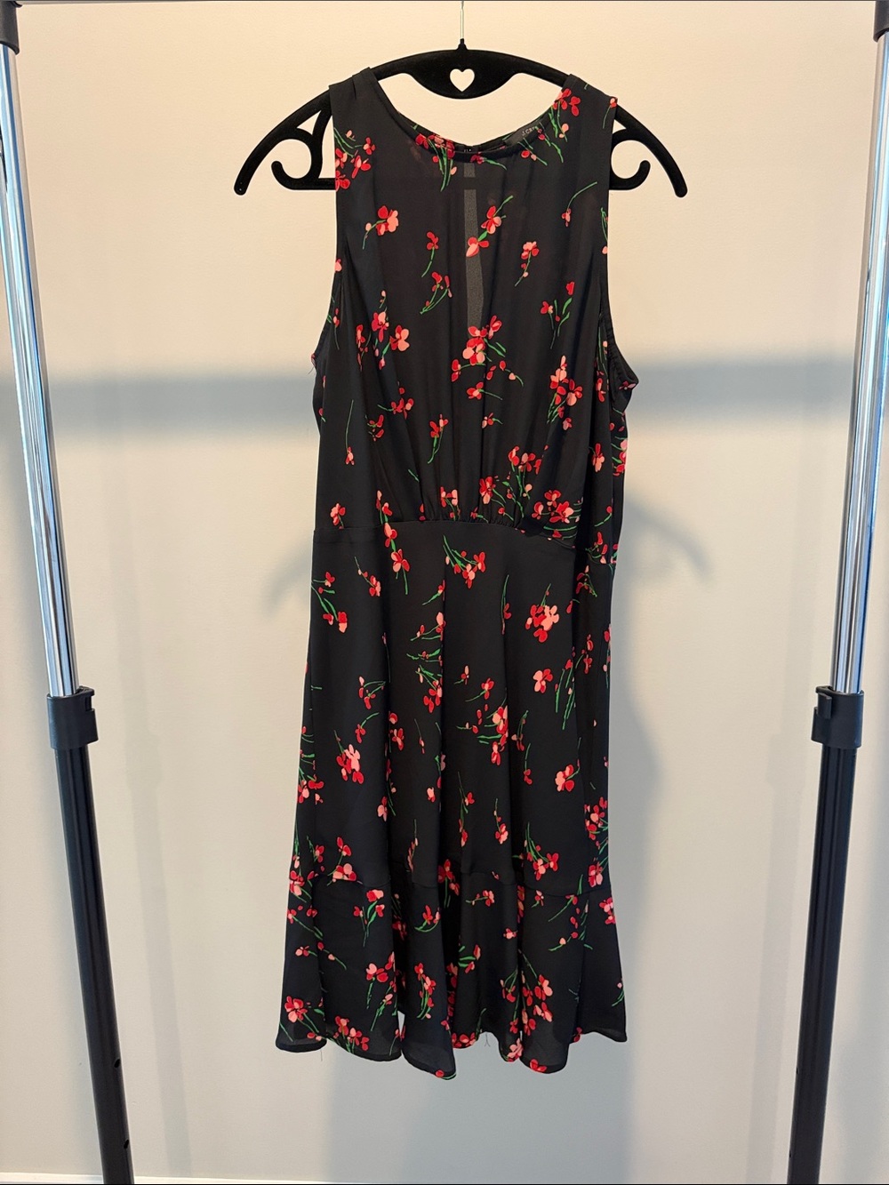 J. Crew Black Sleeveless Floral Dress with Red Blossoms